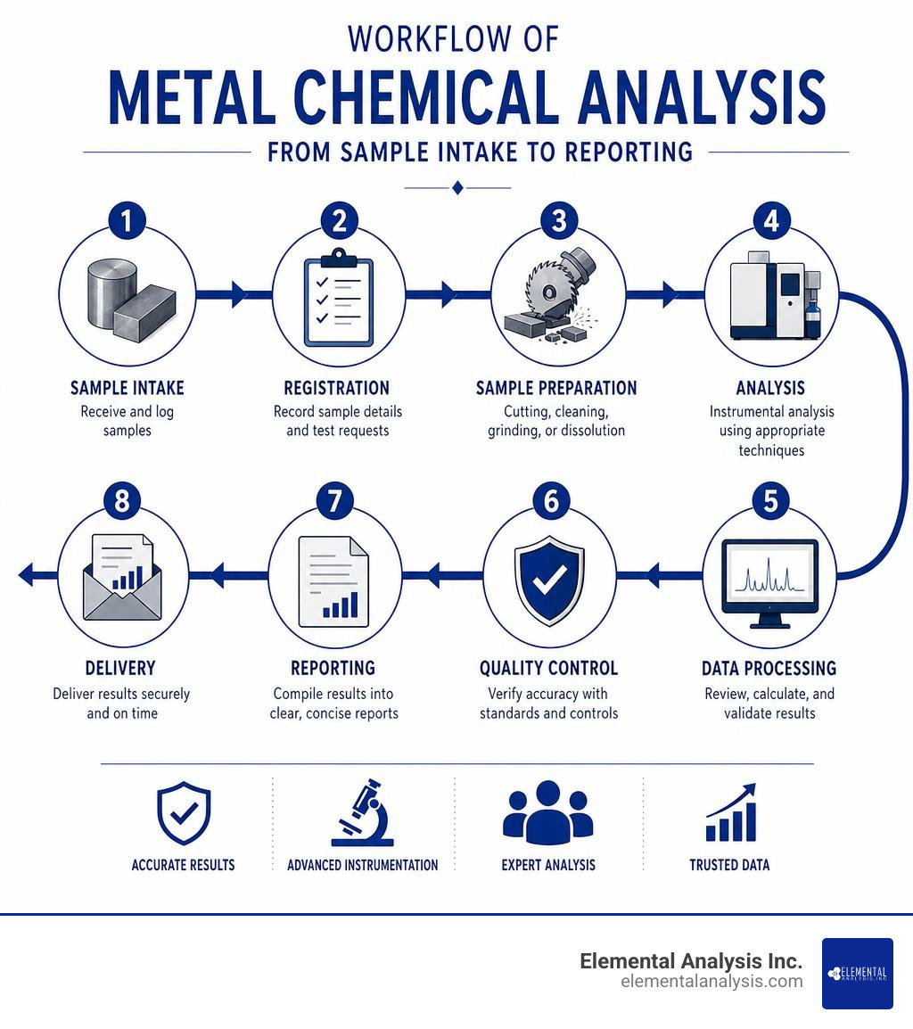 Workflow of metal chemical analysis from sample intake to reporting infographic Workflow of metal chemical analysis from sample intake to reporting infographic