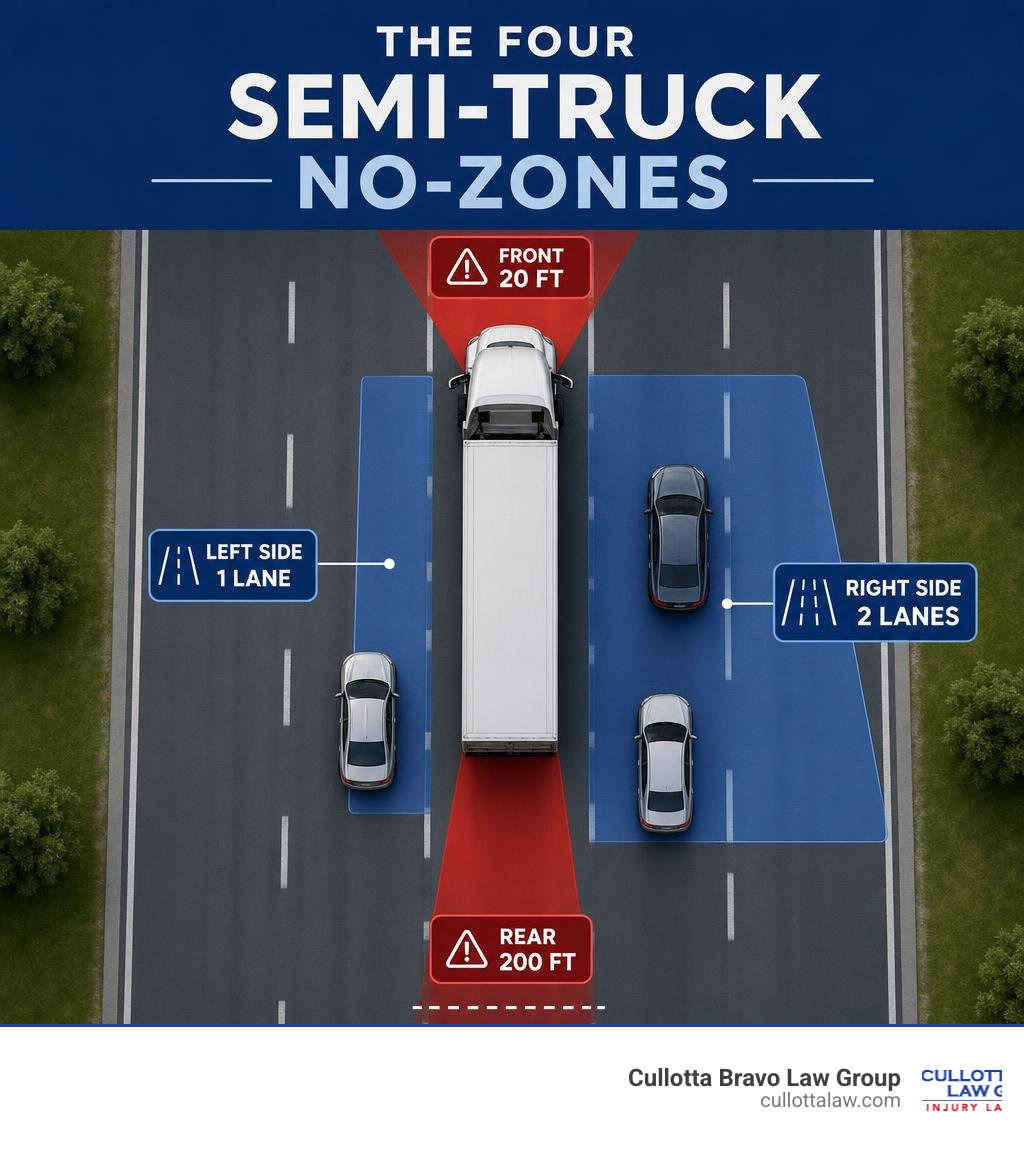Infographic showing four semi-truck no-zones with distances: front 20ft, rear 200ft, right 2 lanes, left 1 lane infographic