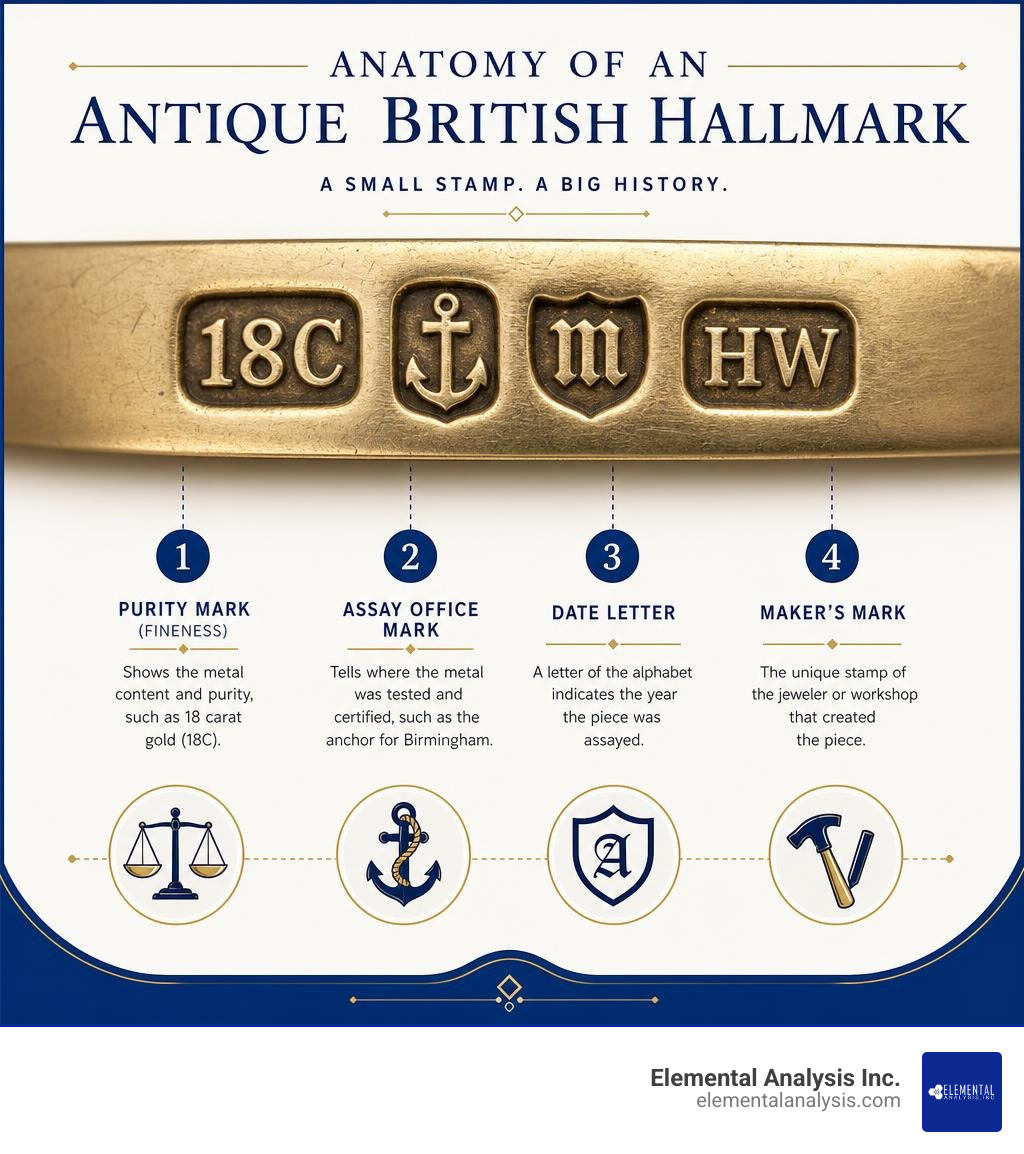 Anatomy of an antique British hallmark showing purity, assay office, date letter, and maker's mark infographic Anatomy of an antique British hallmark showing purity, assay office, date letter, and maker's mark infographic