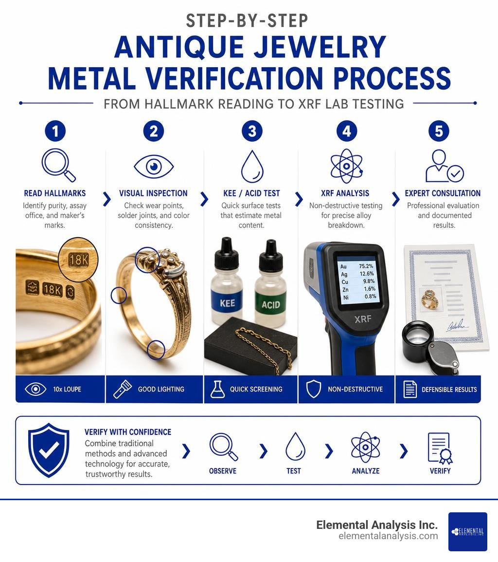 Step-by-step antique jewelry metal verification process from hallmark reading to XRF lab testing infographic Step-by-step antique jewelry metal verification process from hallmark reading to XRF lab testing infographic