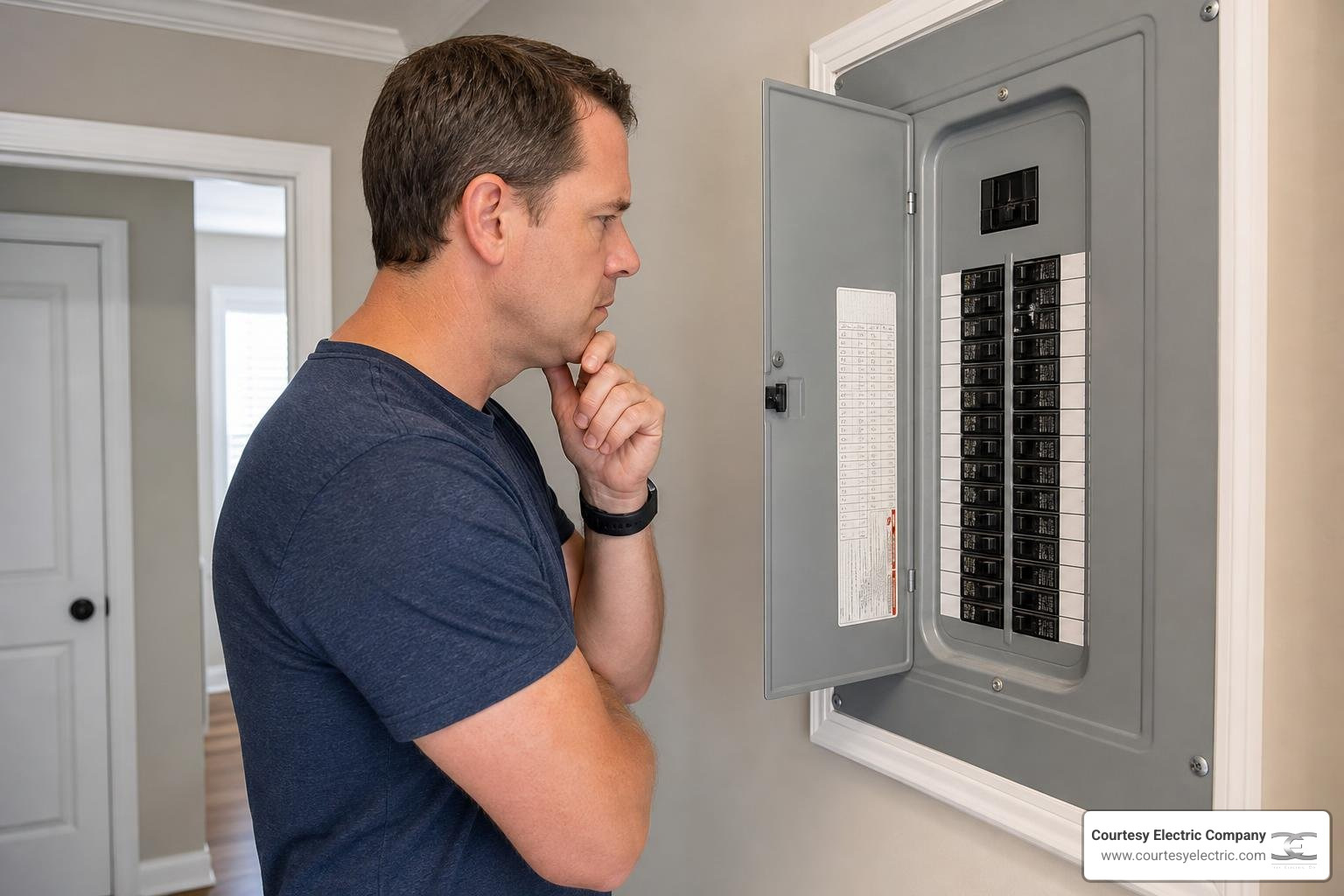 homeowner looking at electrical panel safety home improvement