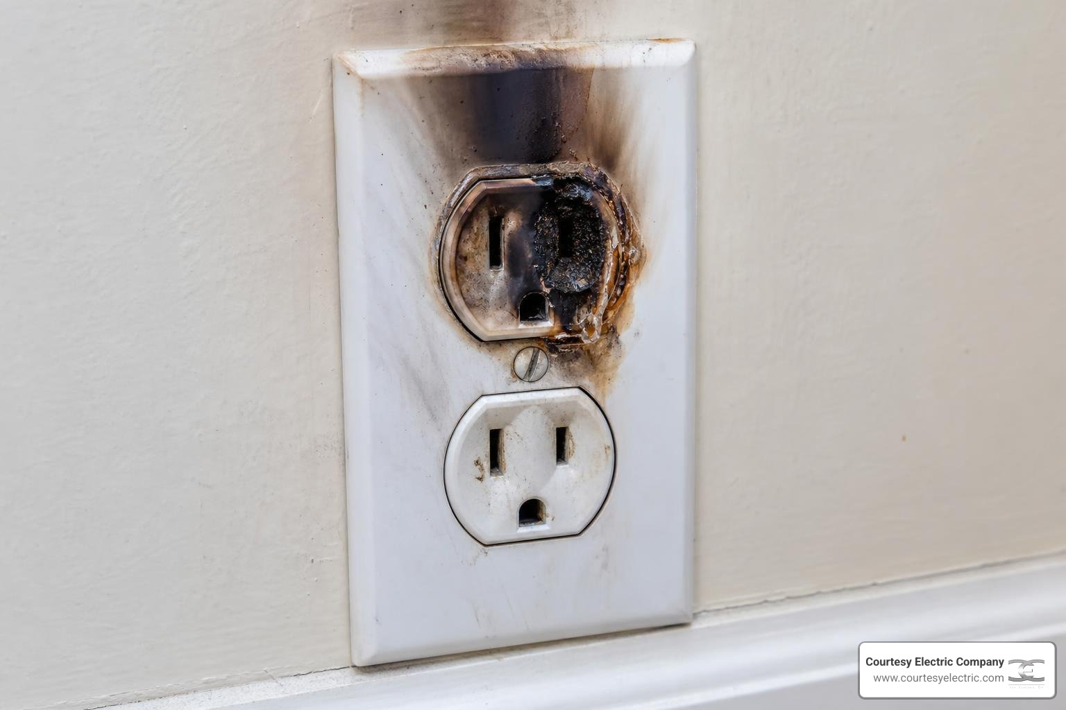 scorched electrical outlet warning sign
