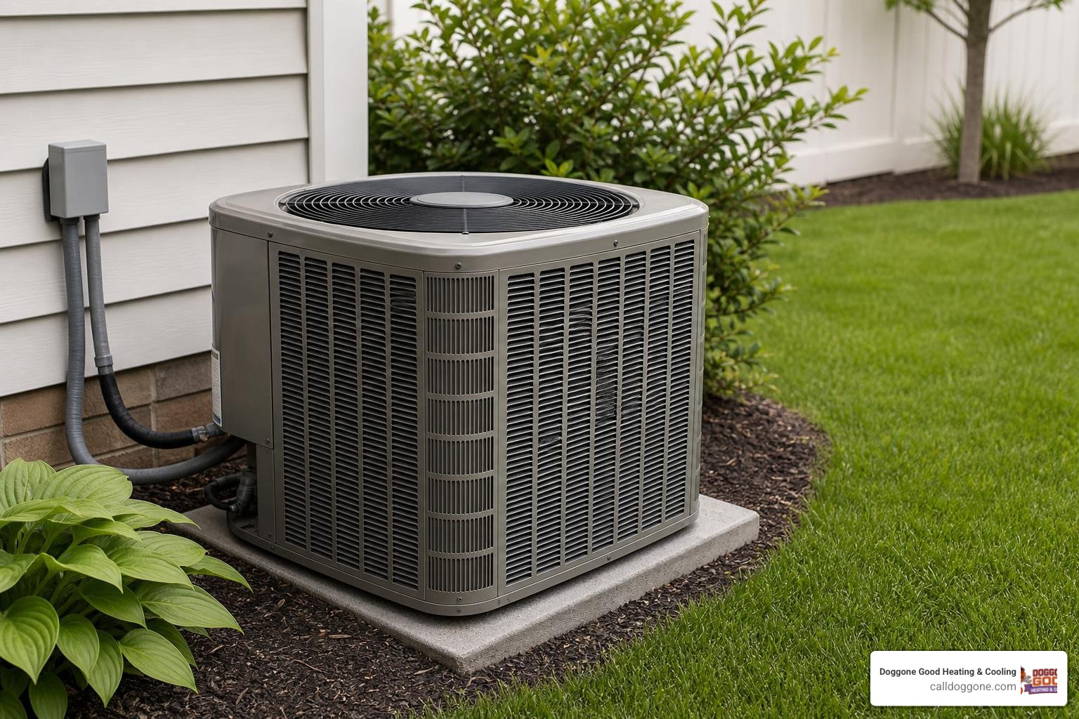 A clean, professionally maintained outdoor AC condenser unit sitting level in a clear yard