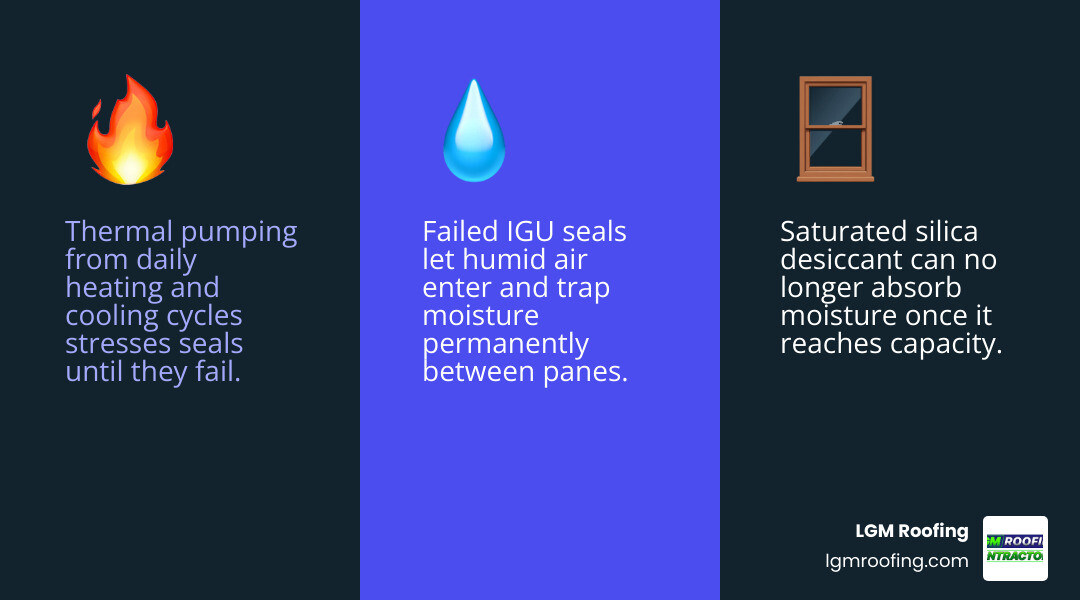 Infographic showing three types of window condensation: interior surface, exterior surface, and between panes with causes Infographic showing three types of window condensation: interior surface, exterior surface, and between panes with causes