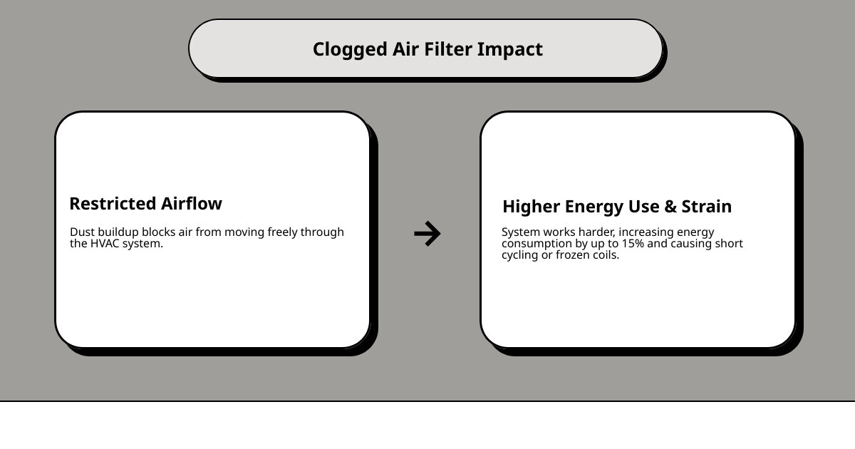 Infographic showing how a clogged air filter restricts airflow, increases energy use by up to 15%, and causes HVAC strain Infographic showing how a clogged air filter restricts airflow, increases energy use by up to 15%, and causes HVAC strain