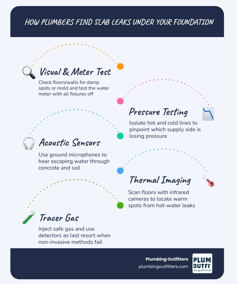 Infographic showing 5 steps plumbers use to find slab leaks: meter test, pressure test, acoustic detection, thermal imaging Infographic showing 5 steps plumbers use to find slab leaks: meter test, pressure test, acoustic detection, thermal imaging