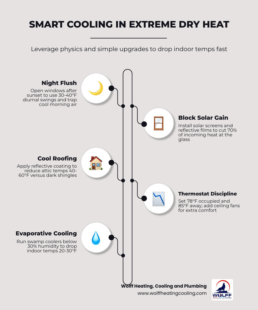 Infographic showing dry heat vs humid heat cooling strategies, night flushing, solar gain, and thermostat tips infographic Infographic showing dry heat vs humid heat cooling strategies, night flushing, solar gain, and thermostat tips infographic