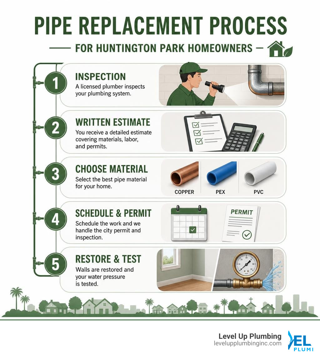 Step-by-step pipe replacement process infographic for Huntington Park homeowners infographic Step-by-step pipe replacement process infographic for Huntington Park homeowners infographic