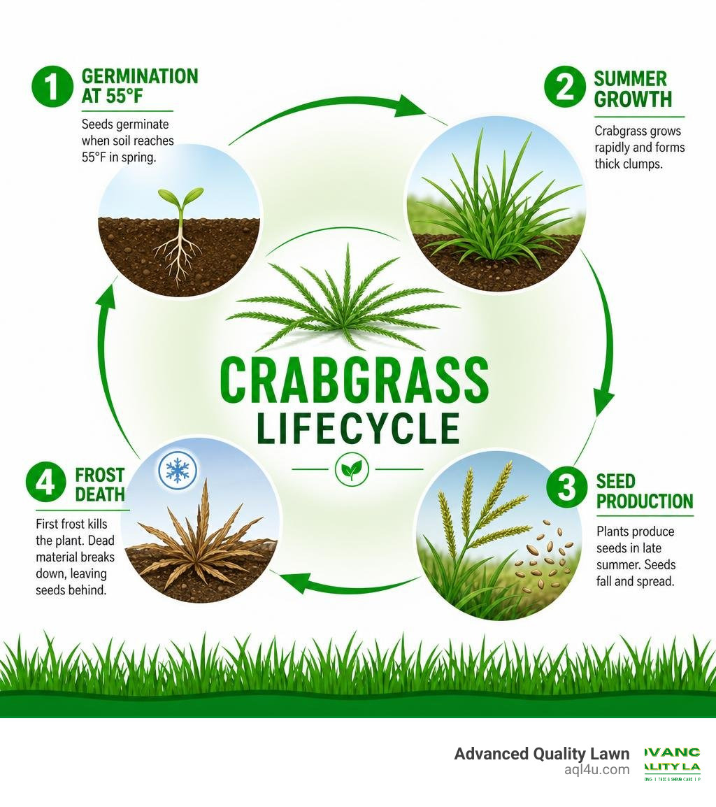 Crabgrass lifecycle infographic showing germination at 55°F, summer growth, seed production, and frost death infographic