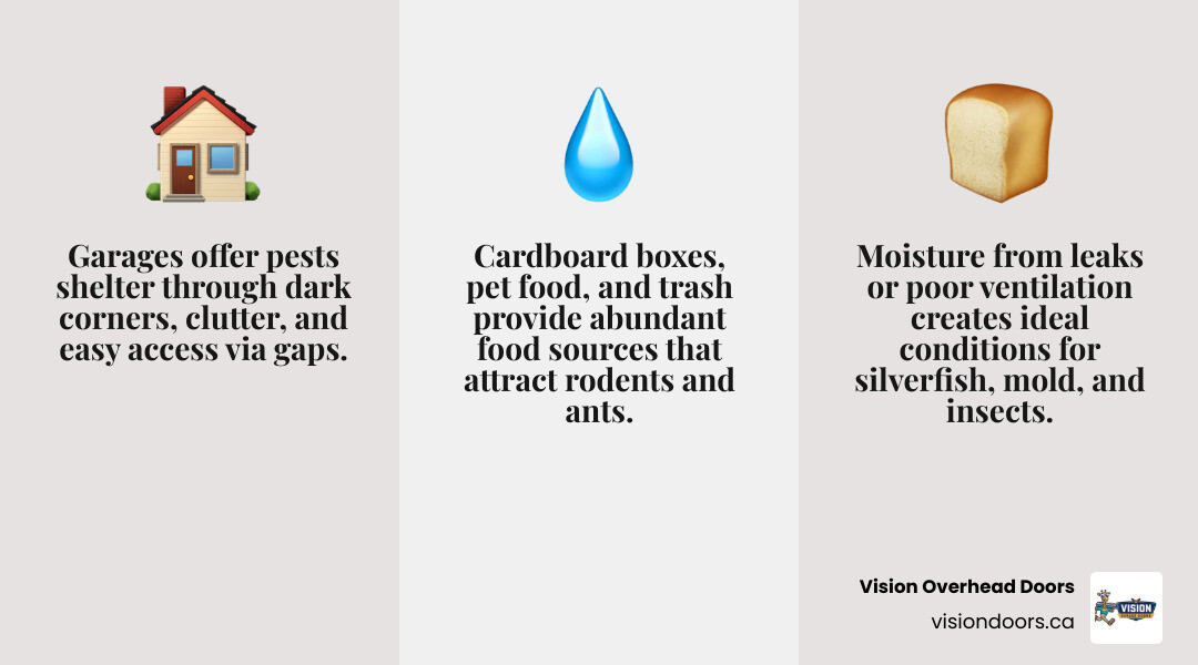 Infographic showing common garage pest entry points including door gaps, foundation cracks, vents, and utility penetrations Infographic showing common garage pest entry points including door gaps, foundation cracks, vents, and utility penetrations