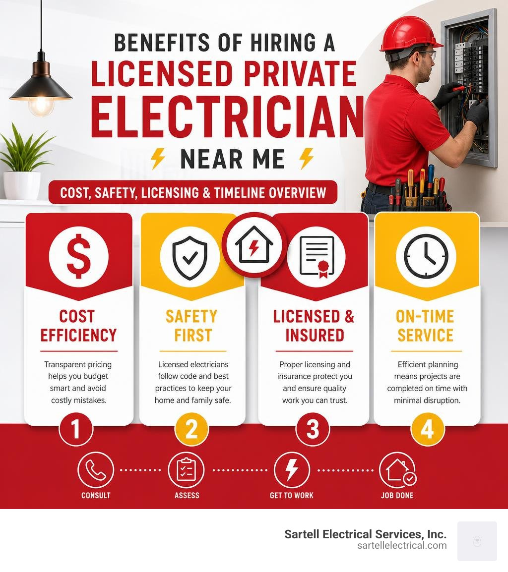 Benefits of hiring a licensed private electrician near me — cost, safety, licensing, and timeline overview infographic Benefits of hiring a licensed private electrician near me — cost, safety, licensing, and timeline overview infographic