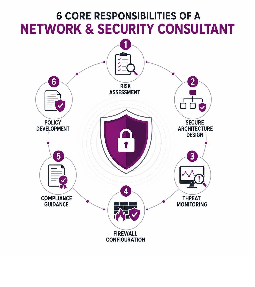 Infographic showing six core responsibilities of a network and security consultant: risk assessment, secure architecture Infographic showing six core responsibilities of a network and security consultant: risk assessment, secure architecture