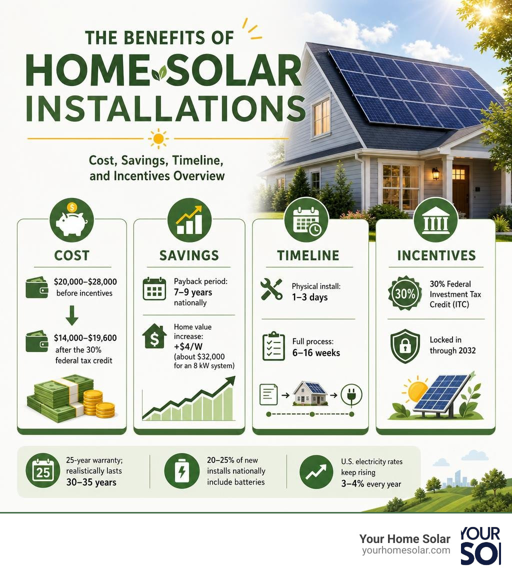 Benefits of home solar installations: cost, savings, timeline, and incentives overview infographic Benefits of home solar installations: cost, savings, timeline, and incentives overview infographic