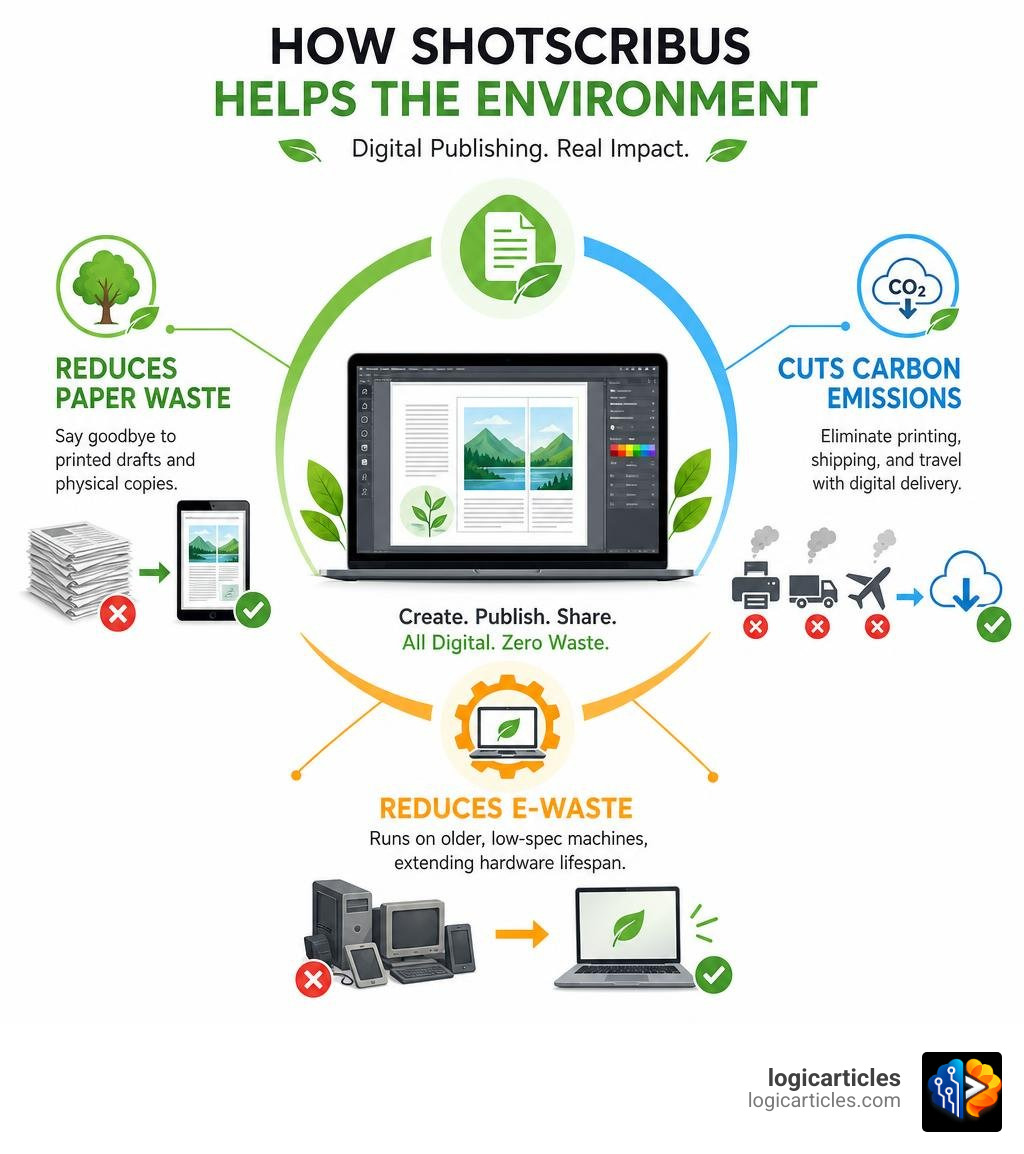 Infographic showing how ShotScribus reduces paper waste, carbon emissions, and e-waste through digital publishing infographic