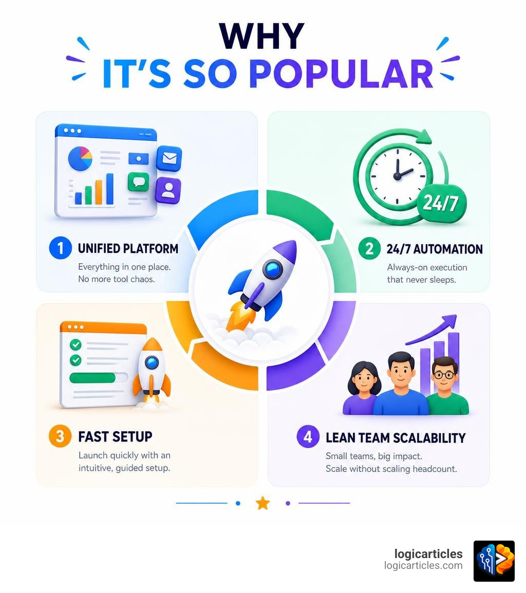 Infographic showing why GenBoostermark is popular: unified platform, 24/7 automation, fast setup, lean team scalability
