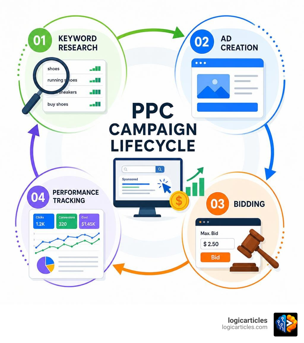 PPC campaign lifecycle showing keyword research, ad creation, bidding, and performance tracking steps infographic