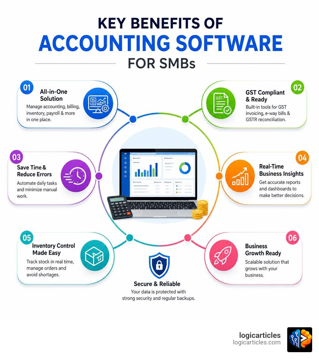 Infographic showing key benefits of Busy Accounting Software for SMBs infographic