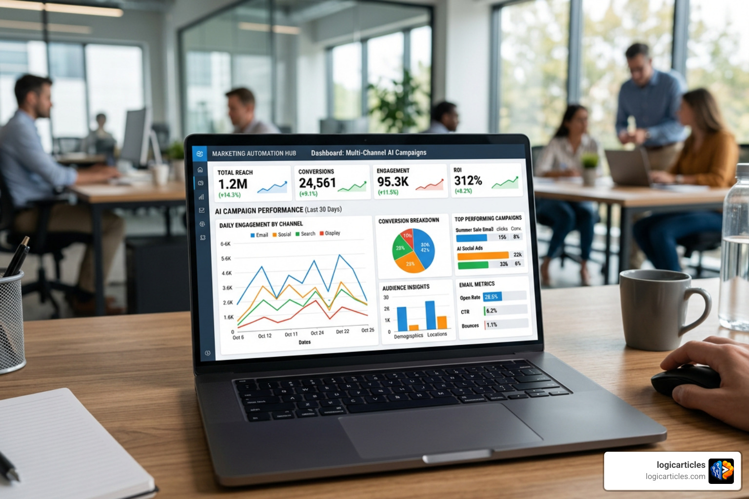 Marketing automation dashboard showing multi-channel AI campaigns