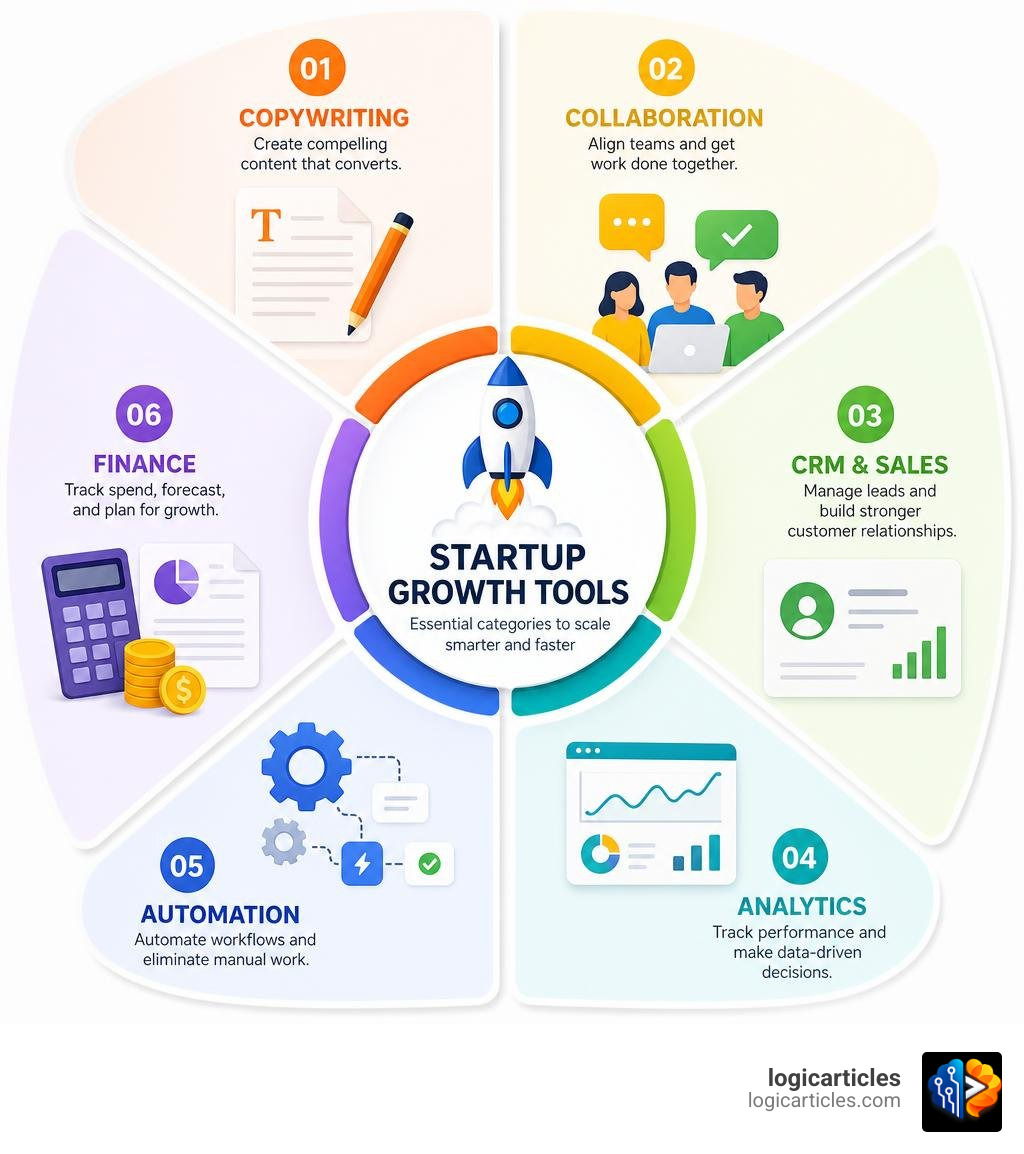Infographic showing startup growth tool categories: copywriting, collaboration, CRM, analytics, automation, finance