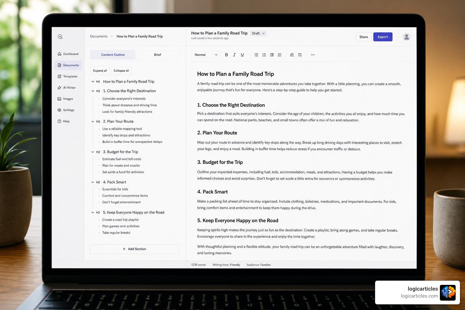 AI content generation workflow showing outline to draft conversion