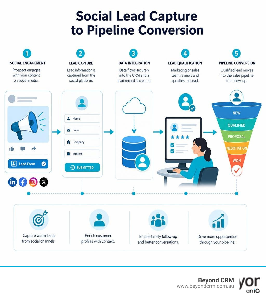 Workflow diagram showing social lead capture to Dynamics 365 pipeline conversion infographic