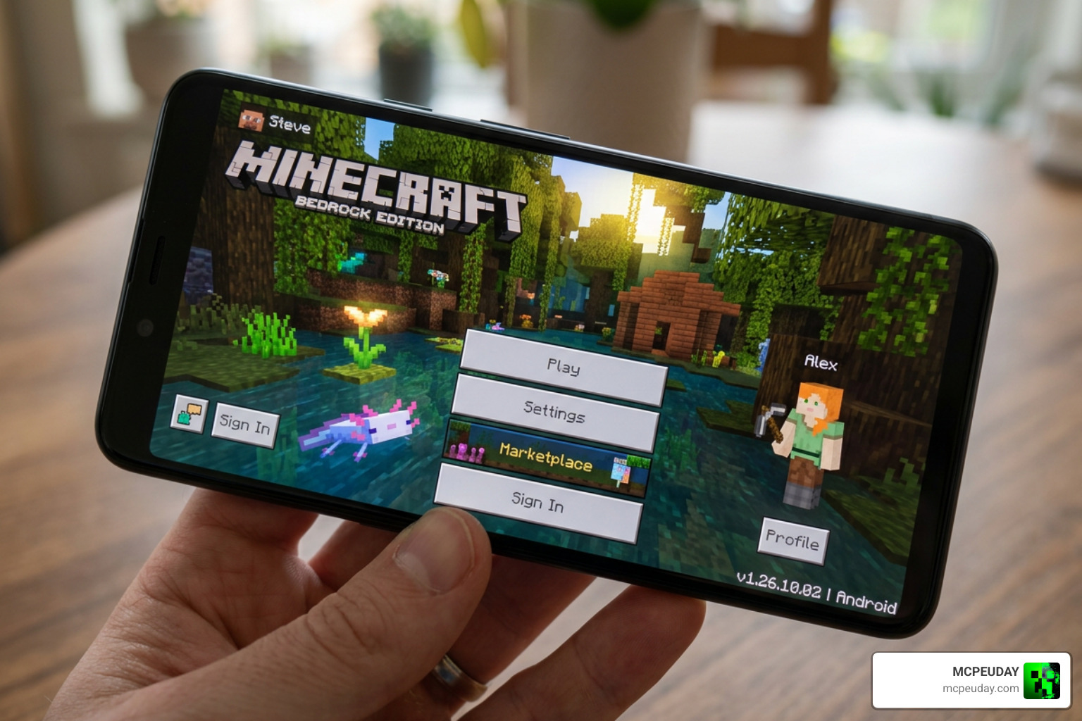 Minecraft 1.26 main menu showing the new 26.x version number on an Android device