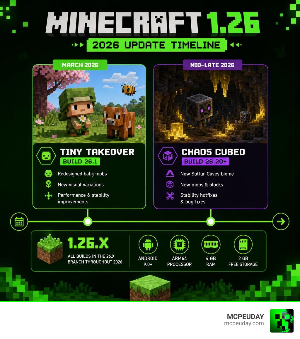 Minecraft 1.26 update timeline showing Tiny Takeover and Chaos Cubed drops with build numbers and key features infographic