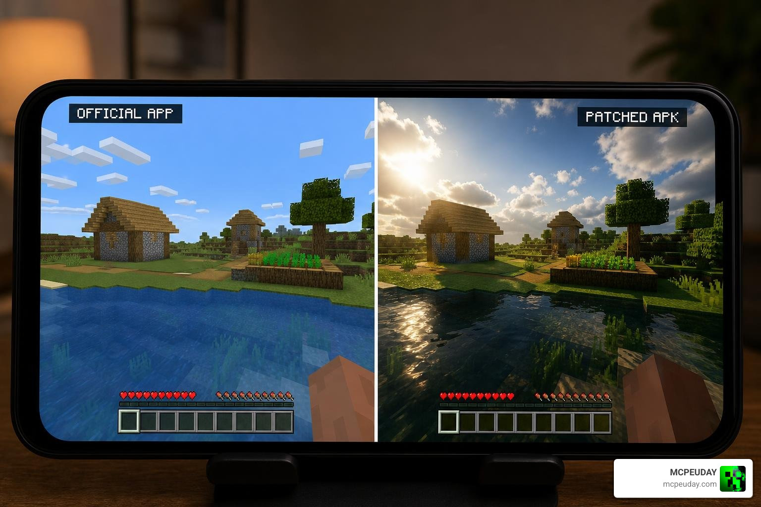 Minecraft Bedrock vs Patched APK graphics comparison showing side-by-side lighting differences Minecraft Bedrock vs Patched APK graphics comparison showing side-by-side lighting differences