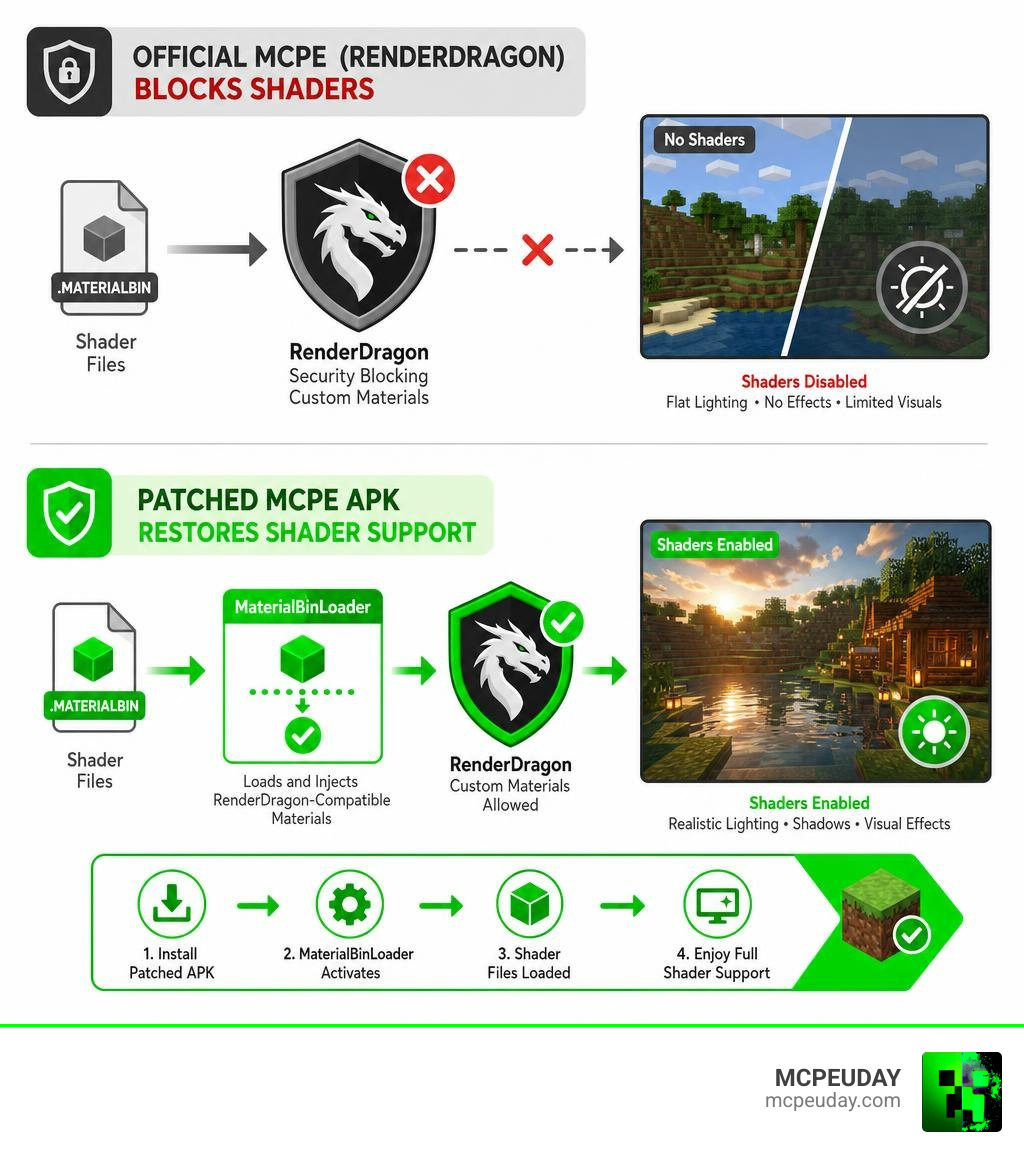 Infographic showing how RenderDragon blocks shaders in official MCPE and how patched APKs restore shader support via Infographic showing how RenderDragon blocks shaders in official MCPE and how patched APKs restore shader support via