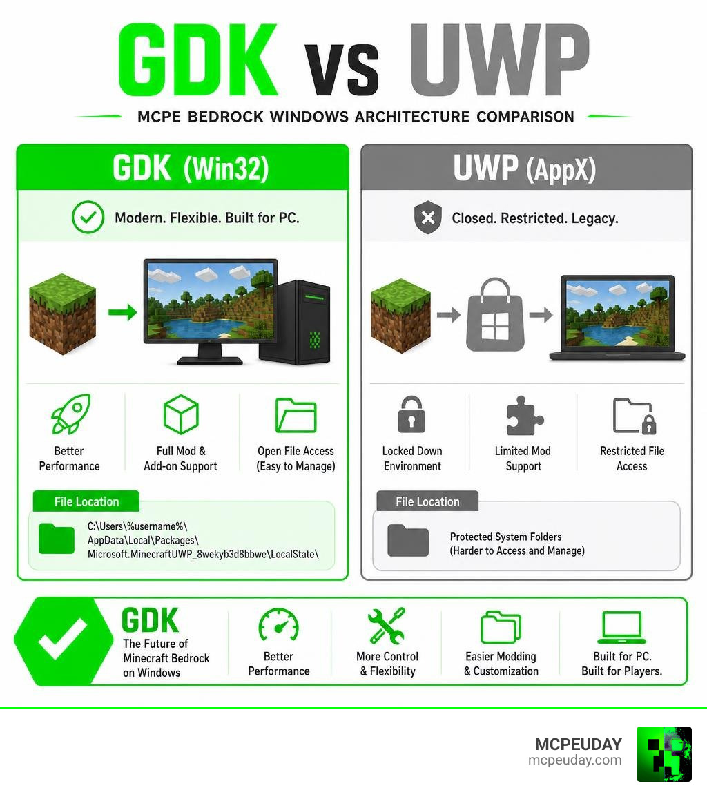 GDK vs UWP architecture comparison for MCPE Bedrock Windows infographic infographic GDK vs UWP architecture comparison for MCPE Bedrock Windows infographic infographic