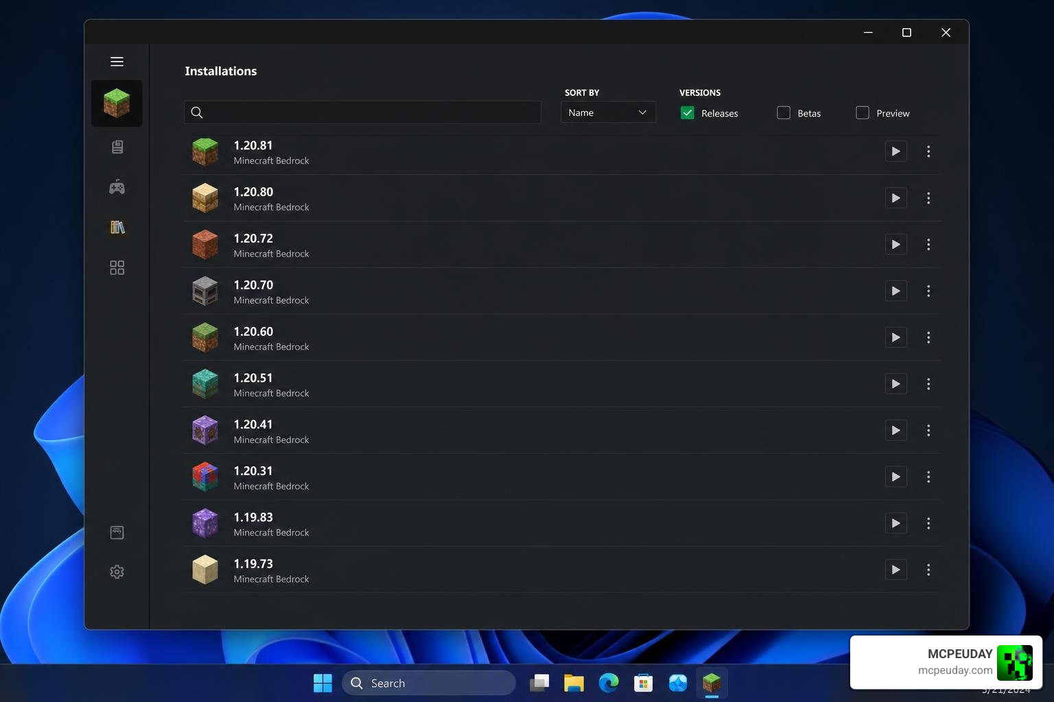 LeviLauncher interface showing Minecraft Bedrock versions LeviLauncher interface showing Minecraft Bedrock versions