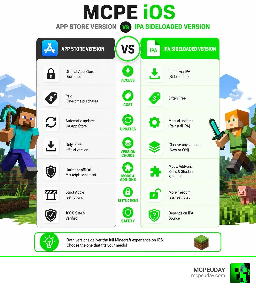 Infographic comparing MCPE App Store version vs IPA sideloaded version features and differences infographic Infographic comparing MCPE App Store version vs IPA sideloaded version features and differences infographic