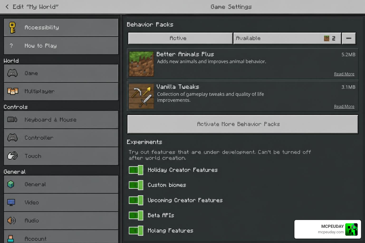 Minecraft world settings menu showing active behavior packs and experimental toggles
