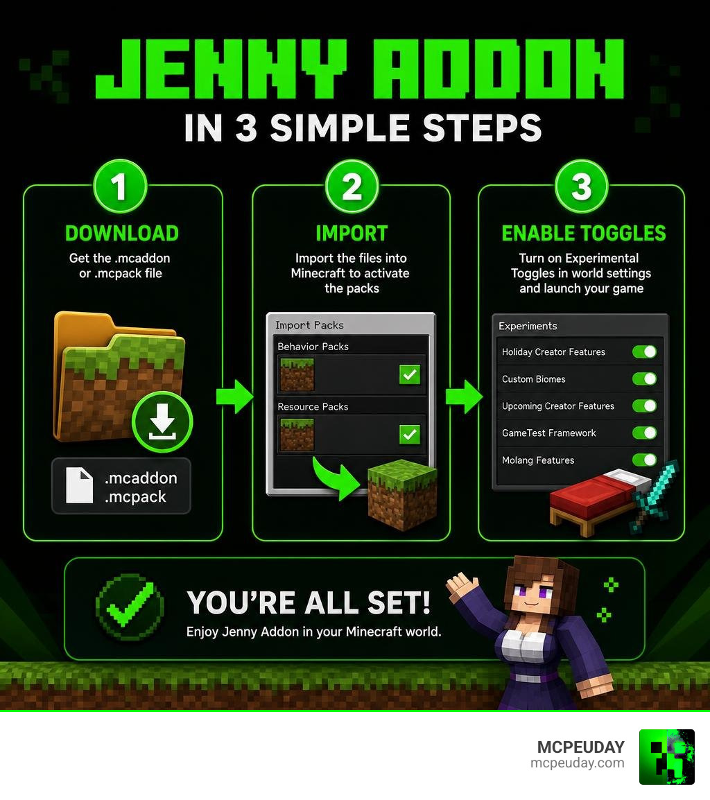 3-step infographic showing Jenny Addon download, import, and experimental toggle setup for MCPE infographic