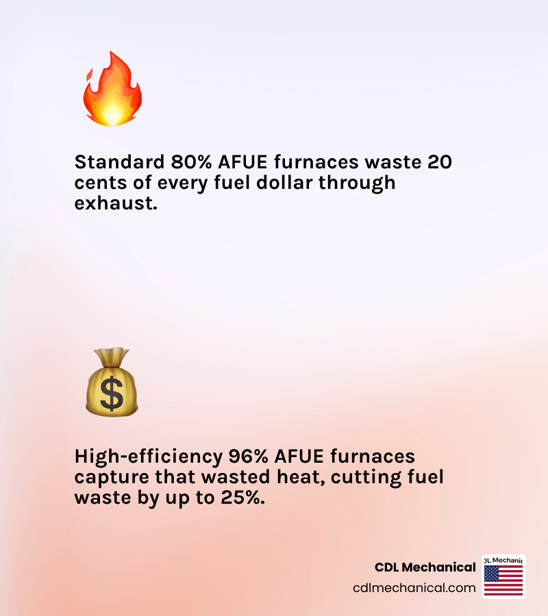 Infographic comparing 80% AFUE vs 96% AFUE furnace energy loss and key efficiency benefits infographic
