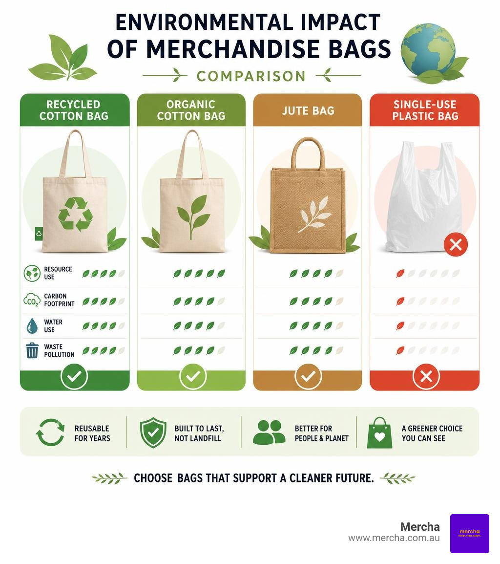 Infographic comparing environmental impact of recycled cotton, organic cotton, and jute bags vs single-use plastic Infographic comparing environmental impact of recycled cotton, organic cotton, and jute bags vs single-use plastic