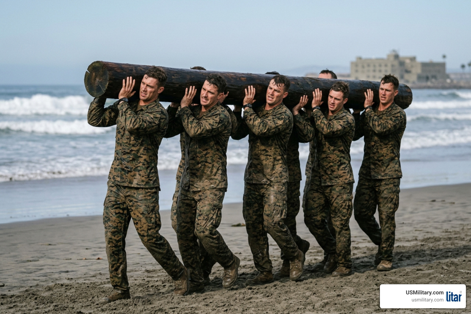 Navy SEAL candidates working together to lift a heavy log during Log PT