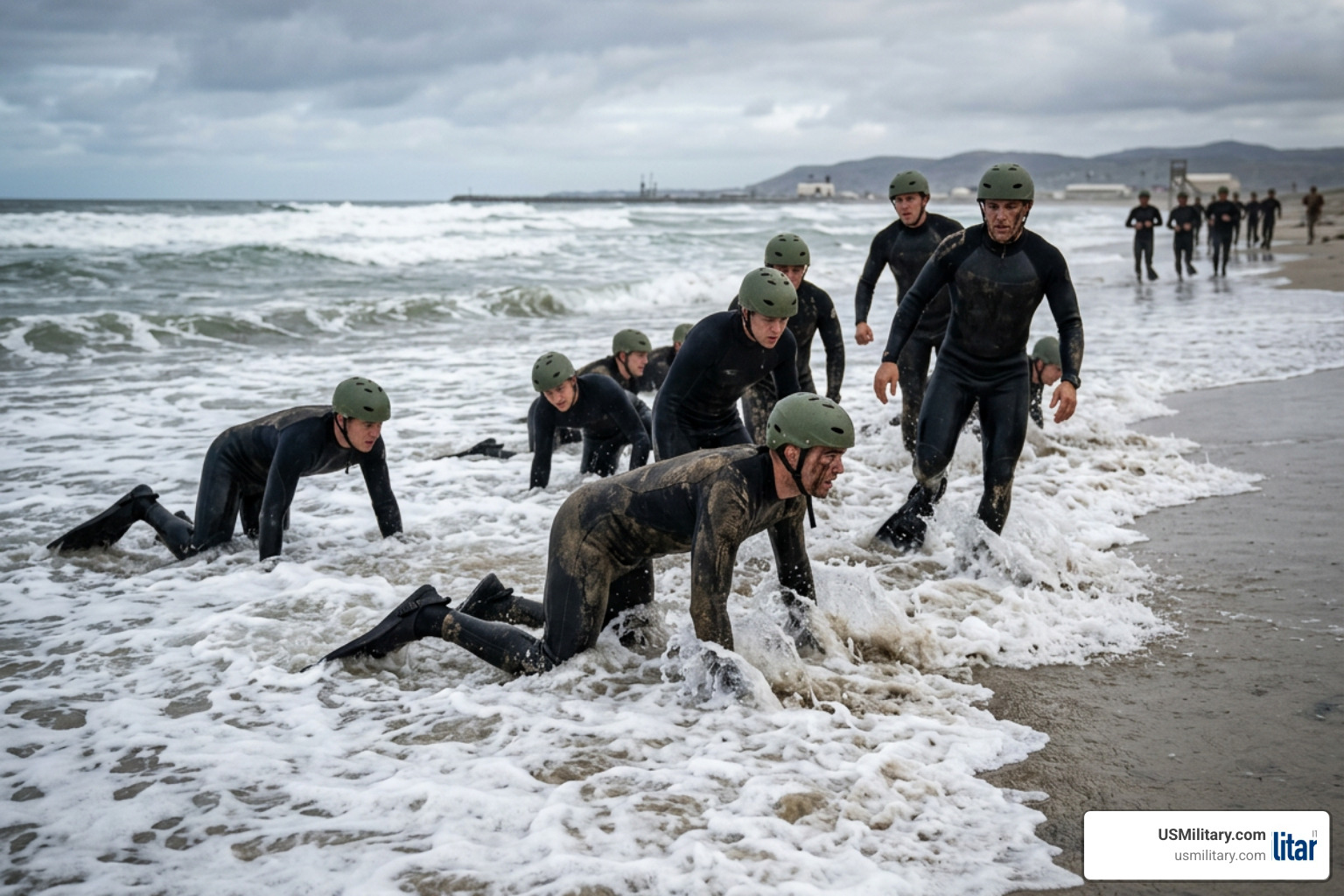 Navy SEAL BUD/S candidates in the surf zone during training