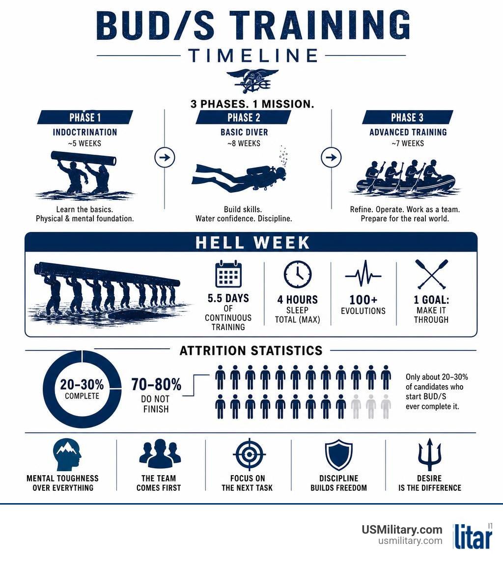 BUD/S training timeline infographic showing three phases, Hell Week details, and attrition statistics infographic