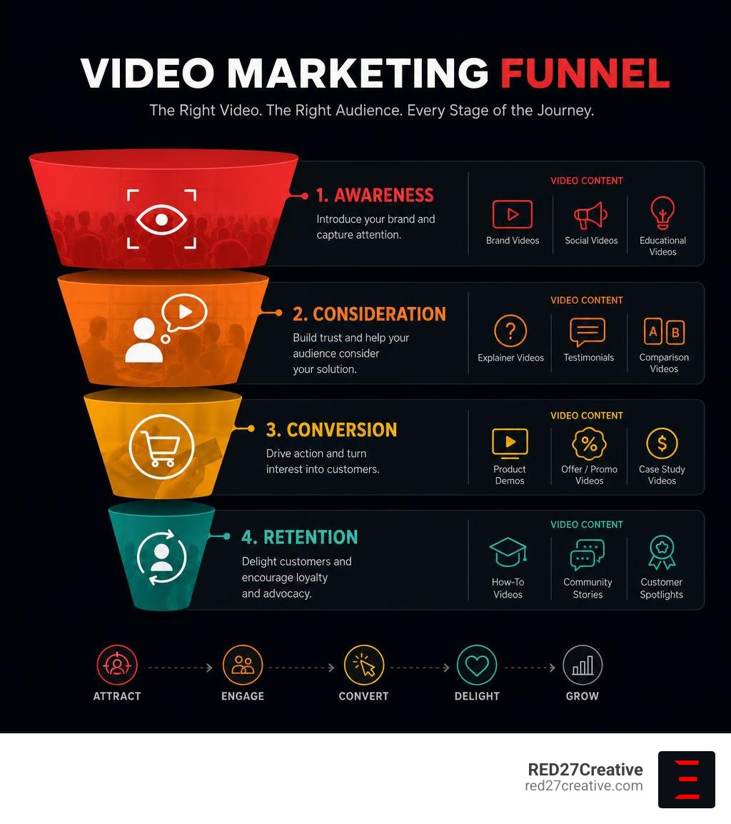 Video marketing funnel showing awareness, consideration, conversion, and retention stages with video content types Video marketing funnel showing awareness, consideration, conversion, and retention stages with video content types