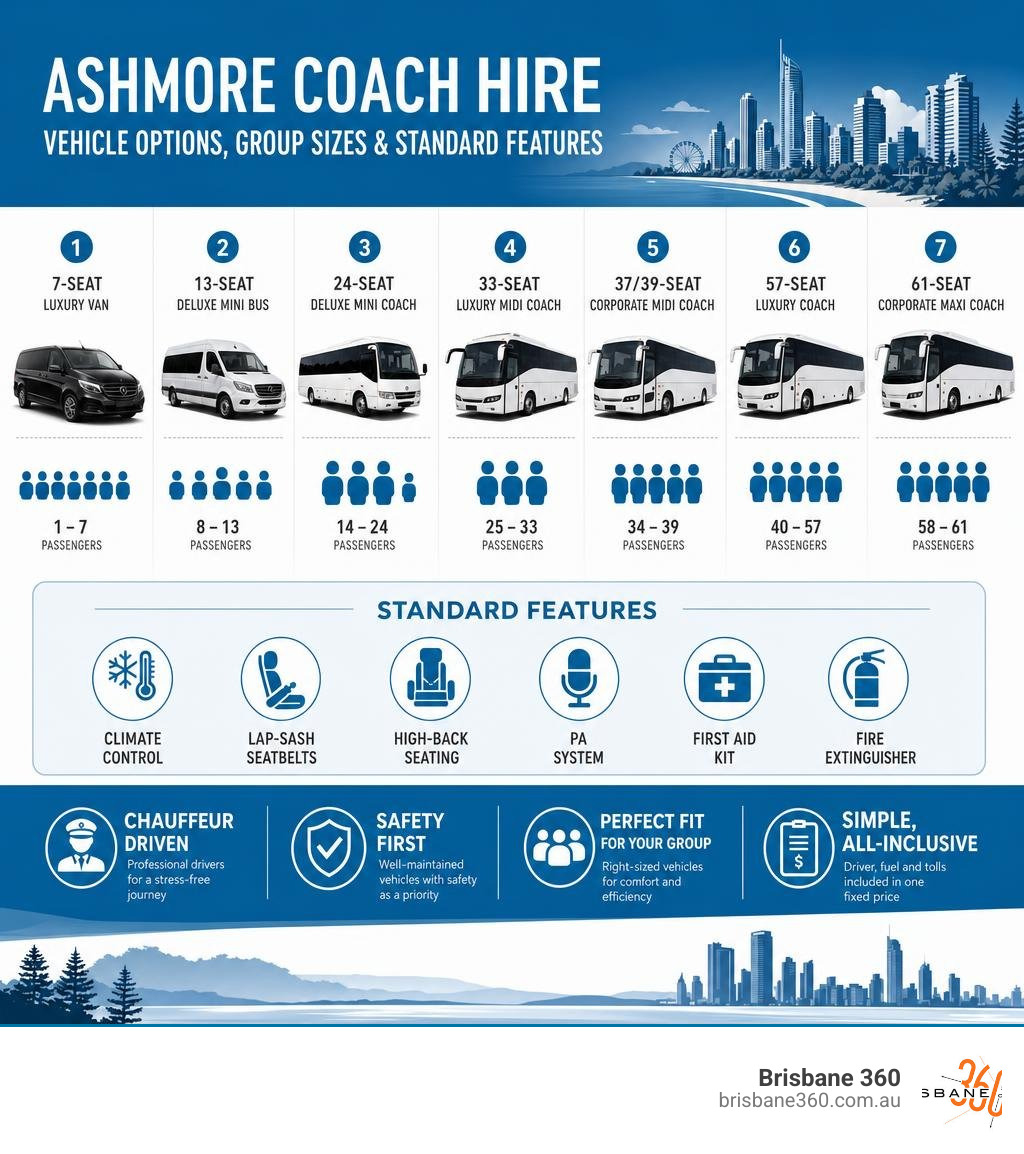 infographic showing Ashmore coach hire vehicle options, group sizes, and standard features infographic