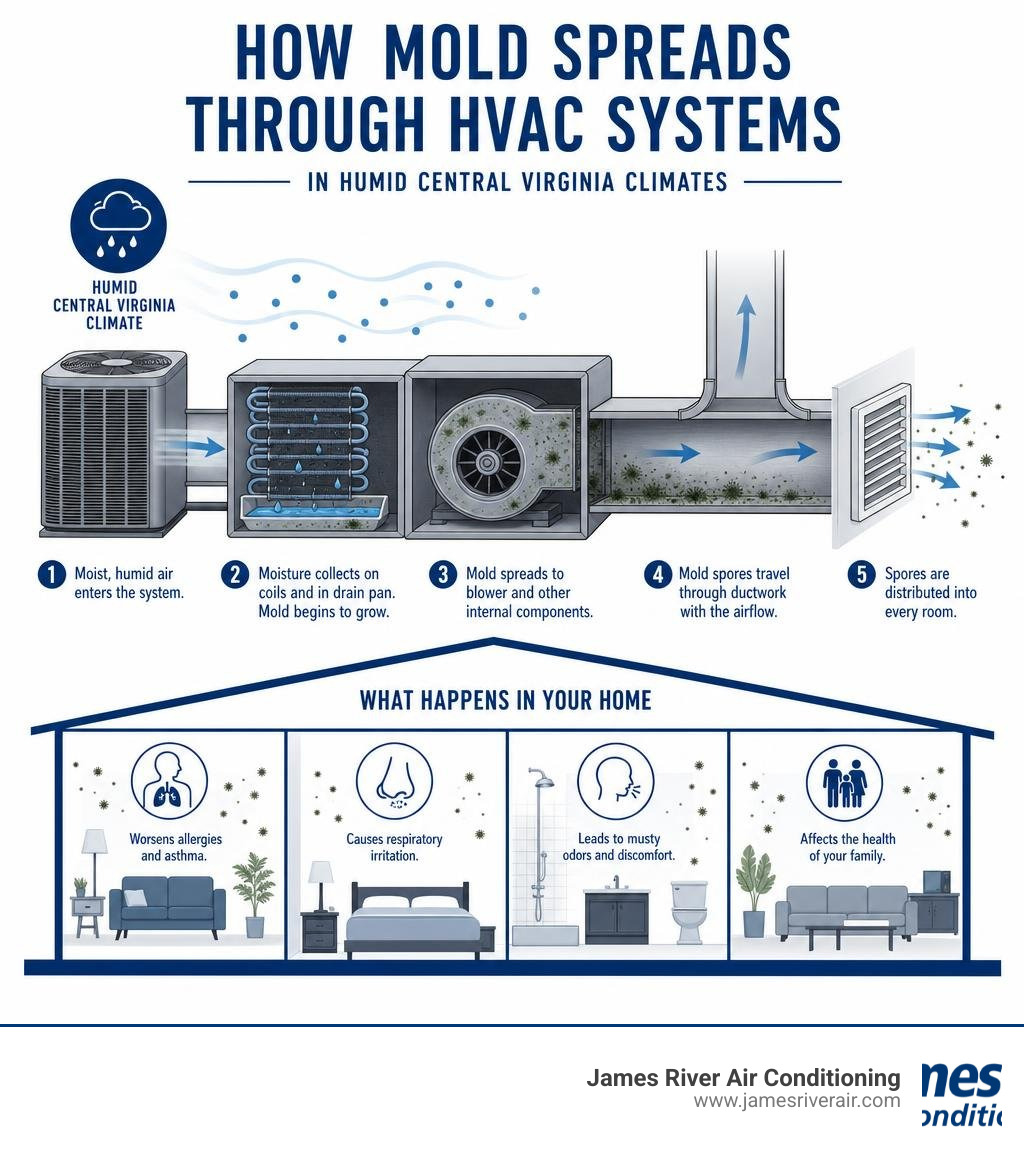 Infographic showing how mold spreads through HVAC systems in humid Central Virginia climates infographic Infographic showing how mold spreads through HVAC systems in humid Central Virginia climates infographic