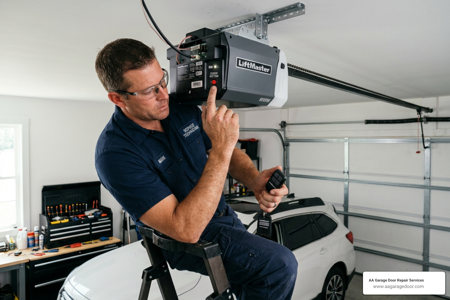 Professional technician programming a garage door opener remote control close-up Professional technician programming a garage door opener remote control close-up