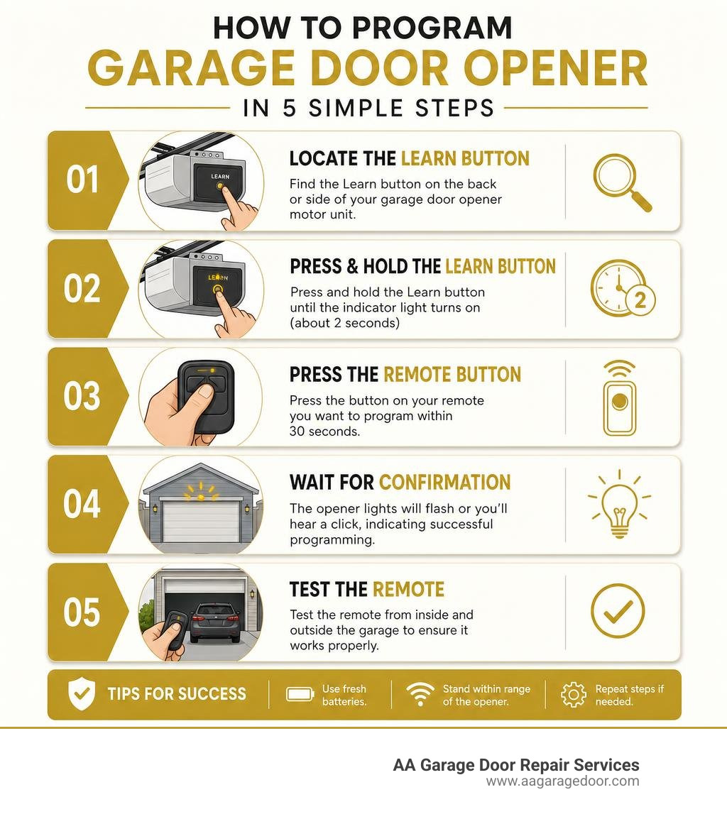 Step-by-step infographic: how to program a garage door opener in 5 steps across major brands infographic Step-by-step infographic: how to program a garage door opener in 5 steps across major brands infographic