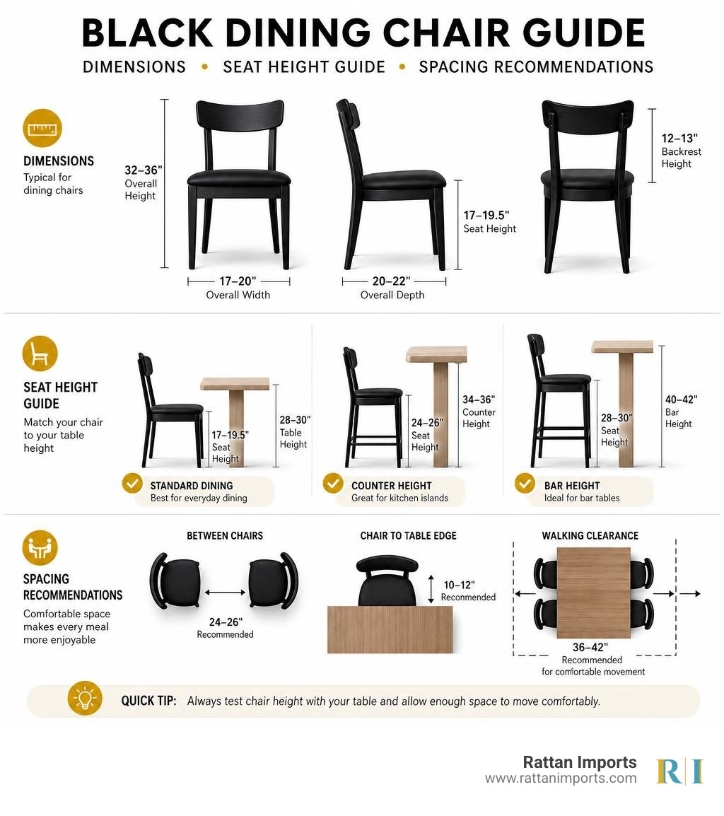 Infographic showing black dining chair dimensions, seat height guide, and spacing recommendations infographic Infographic showing black dining chair dimensions, seat height guide, and spacing recommendations infographic