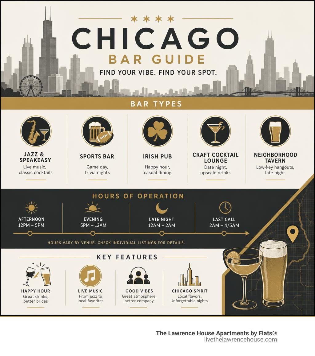 Infographic showing bar types in Chicago, hours of operation, and key features like happy hour and live music infographic Infographic showing bar types in Chicago, hours of operation, and key features like happy hour and live music infographic