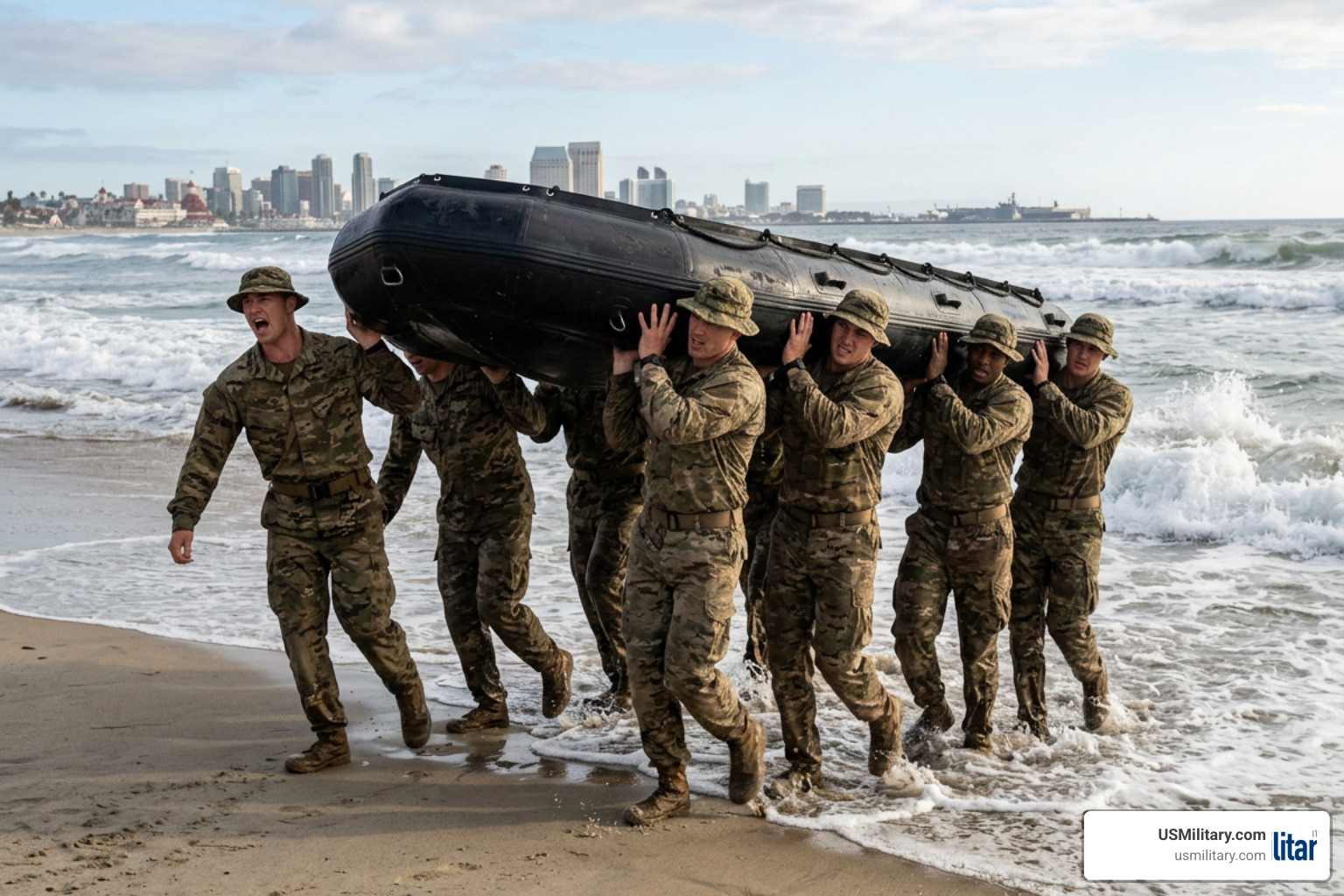 Navy SEAL candidates carrying inflatable boat on Coronado beach