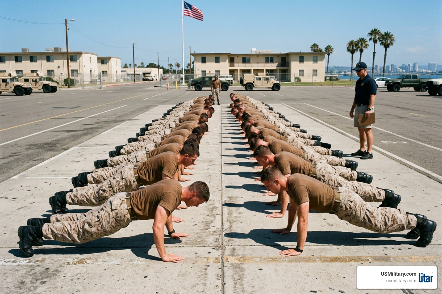 US Navy SEAL candidates doing pushups on the concrete grinder at Coronado
