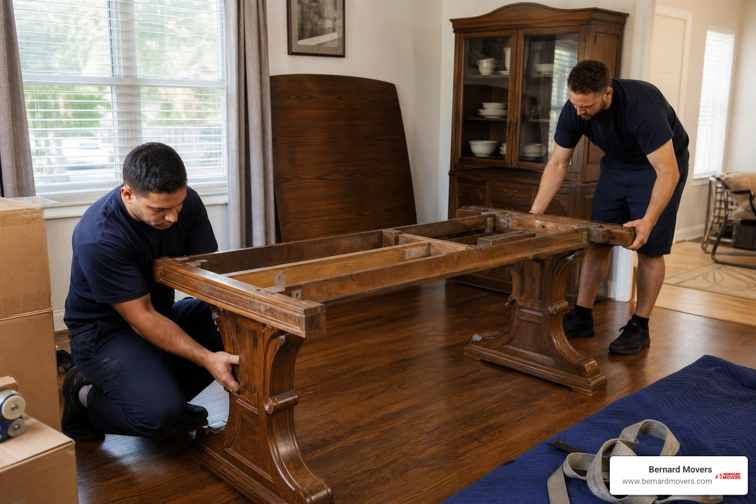 Professional movers carefully disassembling a large wooden dining table in Melrose Park Professional movers carefully disassembling a large wooden dining table in Melrose Park