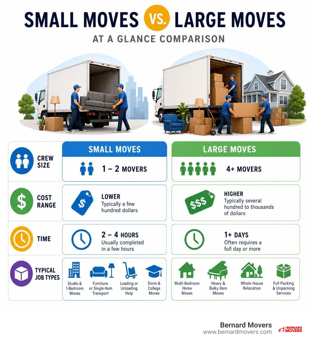 Infographic comparing small moves vs large moves: crew size, cost range, time, and typical job types infographic Infographic comparing small moves vs large moves: crew size, cost range, time, and typical job types infographic